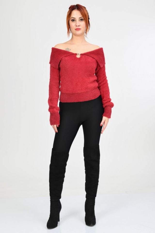 Lefon Devrik Yaka Peluş Kazak  - Kırmızı