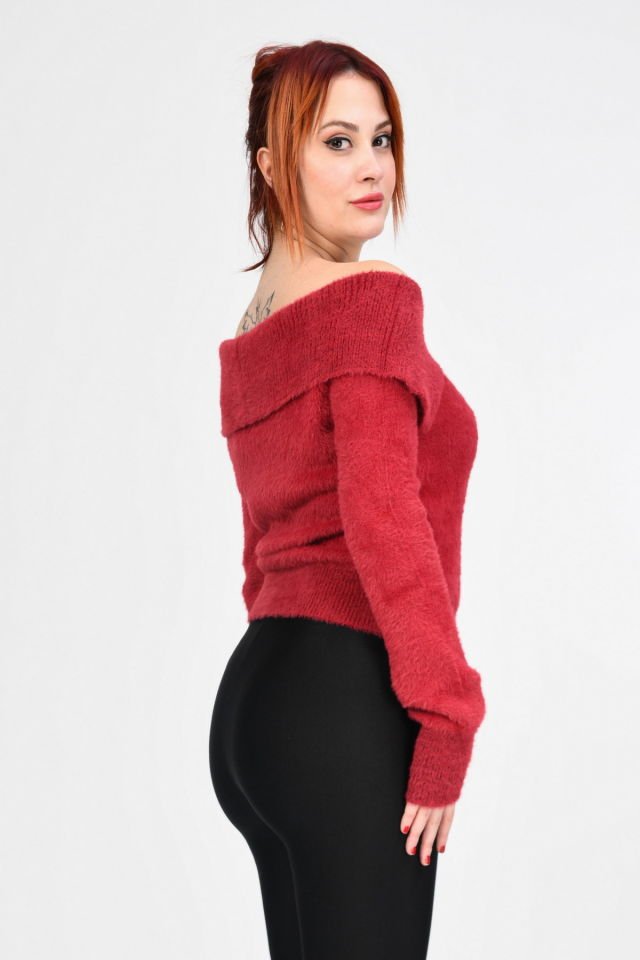 Lefon Devrik Yaka Peluş Kazak  - Kırmızı