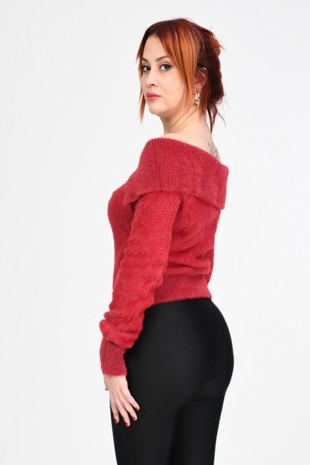 Lefon Devrik Yaka Peluş Kazak  - Kırmızı