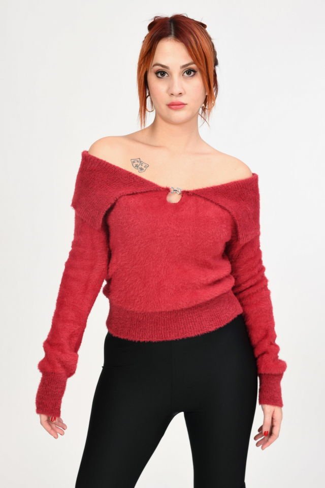 Lefon Devrik Yaka Peluş Kazak  - Kırmızı