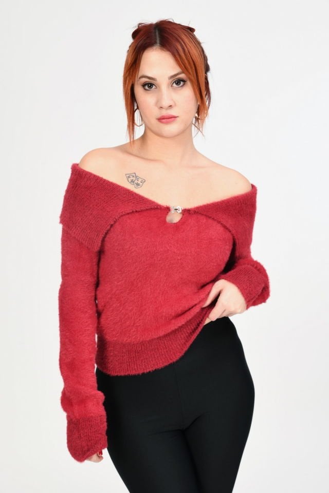 Lefon Devrik Yaka Peluş Kazak  - Kırmızı