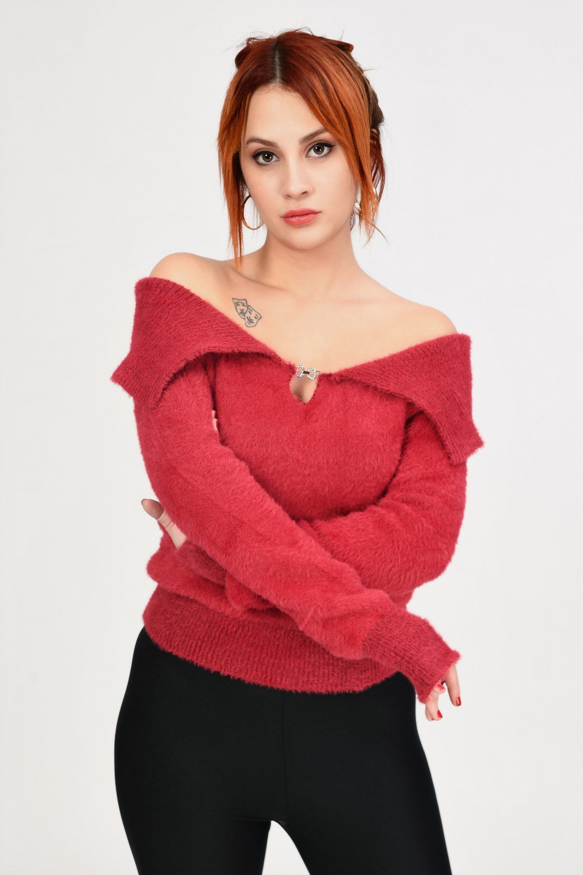 Lefon Devrik Yaka Peluş Kazak  - Kırmızı