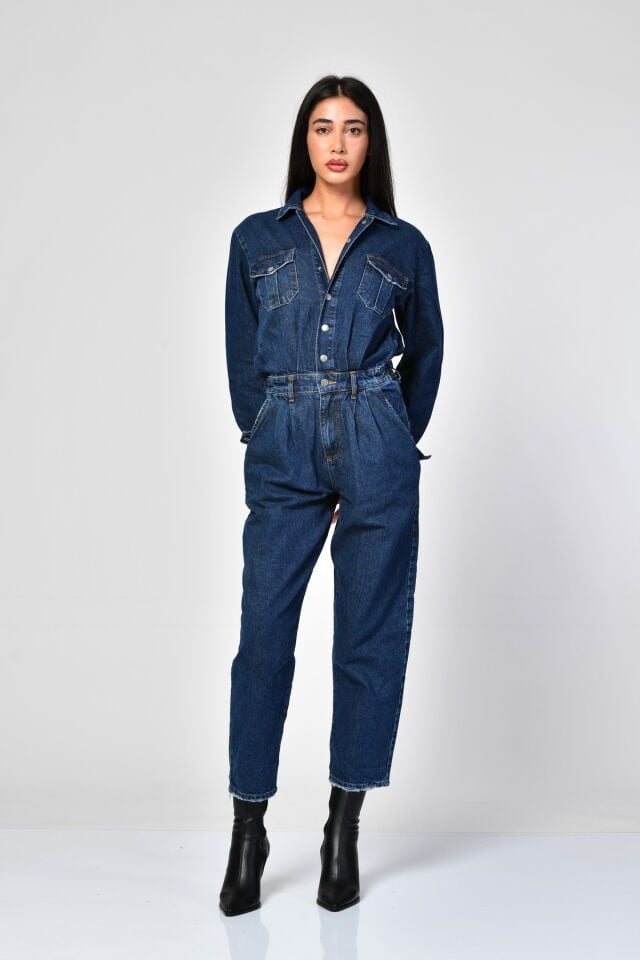 WhatsUp Çift Cepli Boydan Düğmeli Denim Tulum  - Mavi