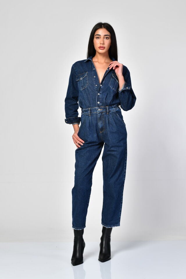 WhatsUp Çift Cepli Boydan Düğmeli Denim Tulum  - Mavi
