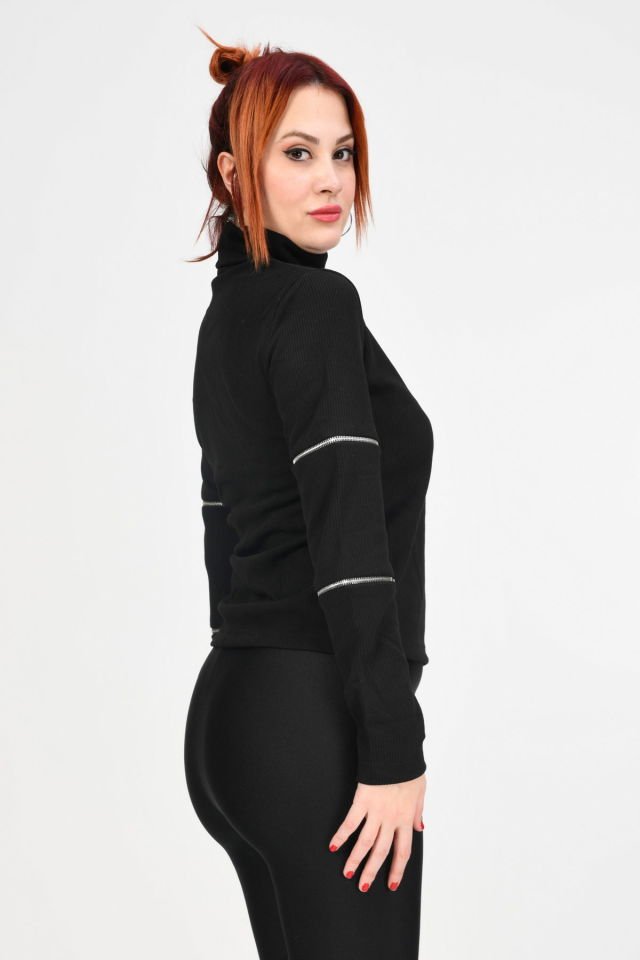 Lefon Fermuar Detaylı Kazak  - Siyah