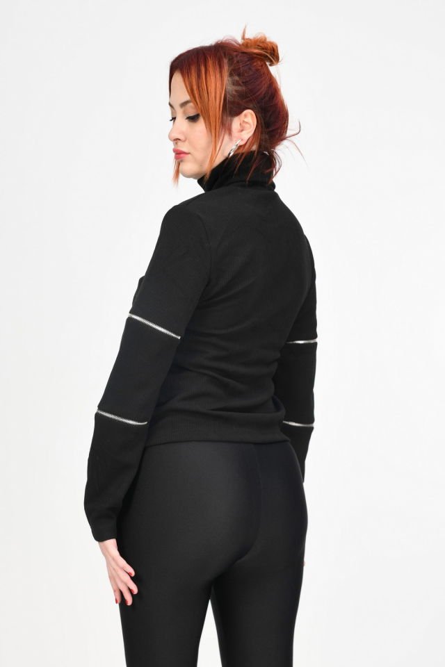 Lefon Fermuar Detaylı Kazak  - Siyah