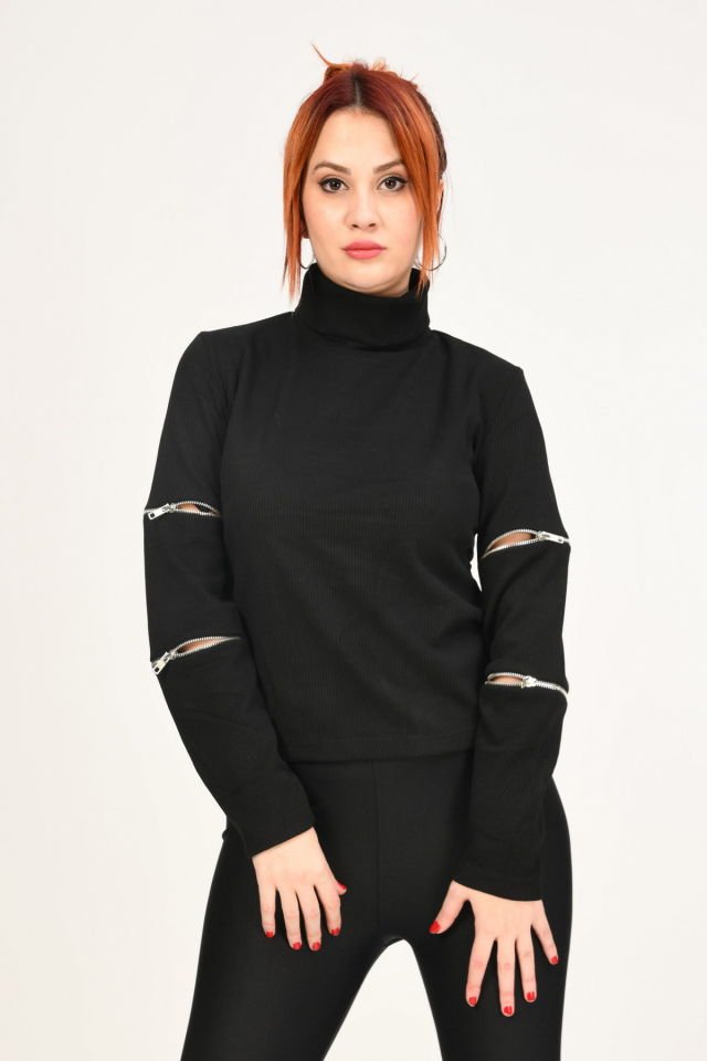 Lefon Fermuar Detaylı Kazak  - Siyah