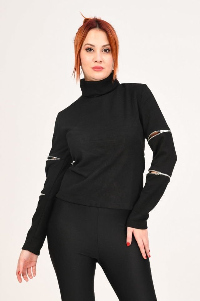 Lefon Fermuar Detaylı Kazak  - Siyah