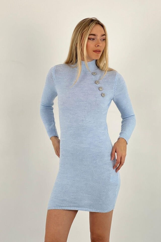 Miss Poem Taş Detaylı Uzun Kollu Kadın Triko Elbise  - Mavi