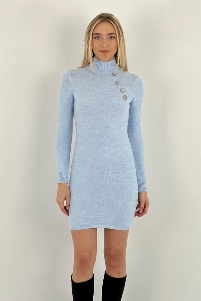 Miss Poem Taş Detaylı Uzun Kollu Kadın Triko Elbise  - Mavi
