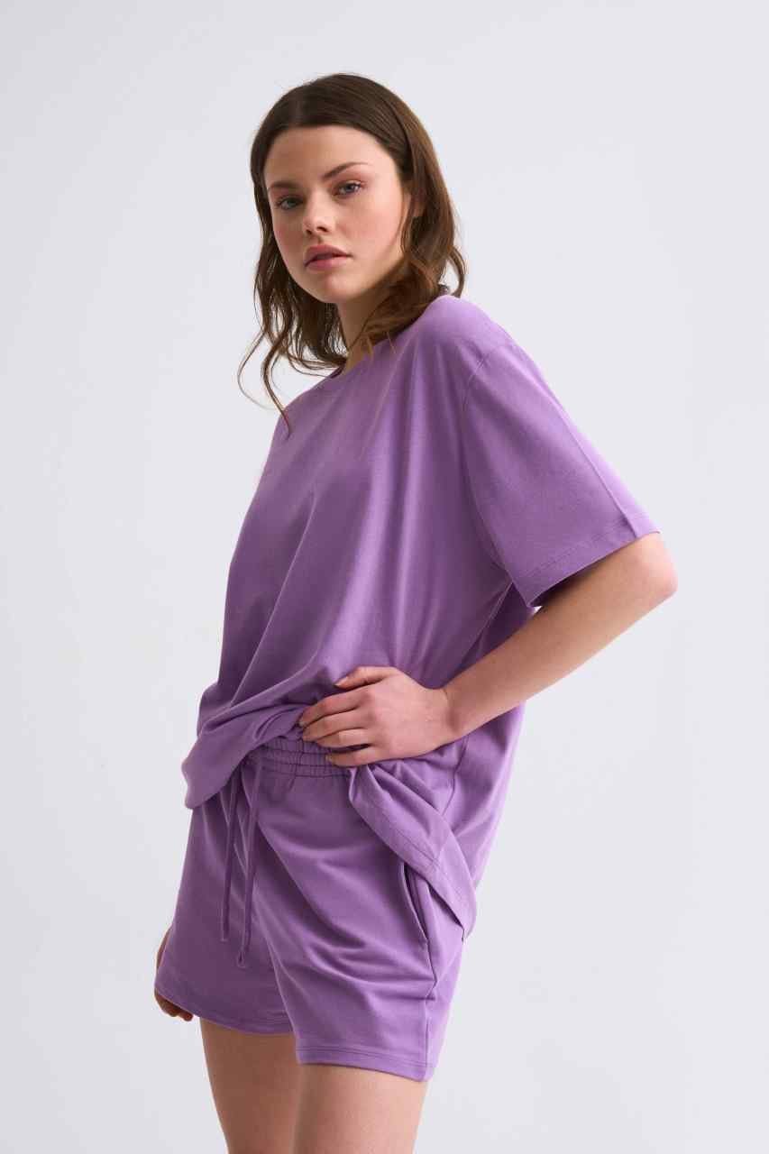 Organik Cepli Regular Fit Bağcıklı Kadın Şort - Mor