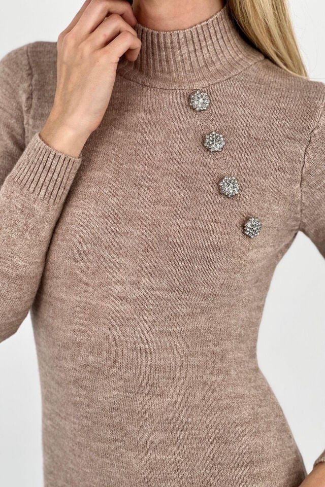 Miss Poem Taş Detaylı Uzun Kollu Kadın Triko Elbise  - Krem