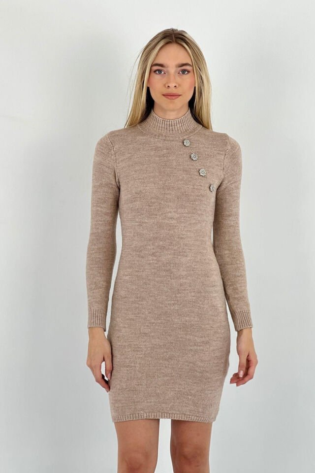 Miss Poem Taş Detaylı Uzun Kollu Kadın Triko Elbise  - Krem