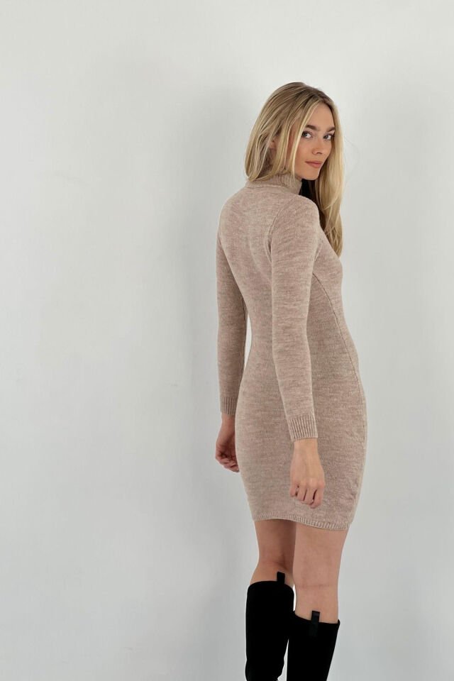 Miss Poem Taş Detaylı Uzun Kollu Kadın Triko Elbise  - Krem