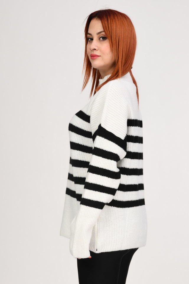 Miss Poem Balıkçı Yaka Çizgili Kazak  - Ekru