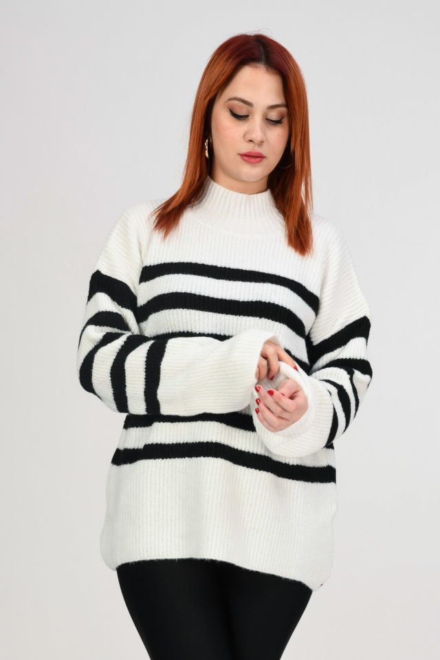 Miss Poem Balıkçı Yaka Çizgili Kazak  - Ekru