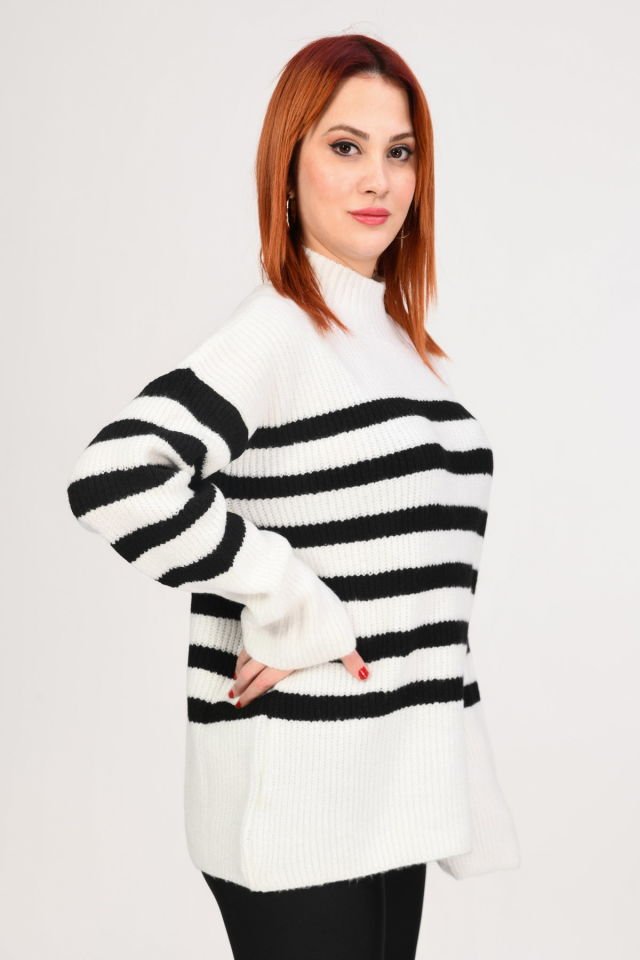 Miss Poem Balıkçı Yaka Çizgili Kazak  - Ekru