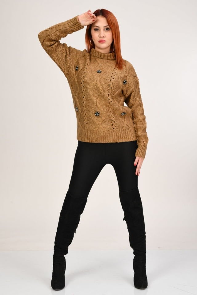 Miss Poem Balıkçı Yaka Taş Detaylı Kazak  - Vizon