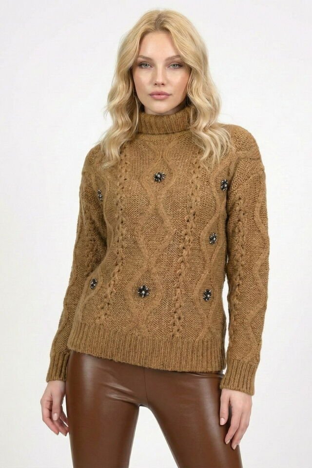 Miss Poem Balıkçı Yaka Taş Detaylı Kazak  - Vizon