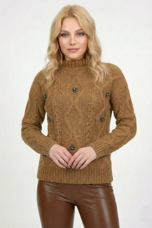 Miss Poem Balıkçı Yaka Taş Detaylı Kazak  - Vizon