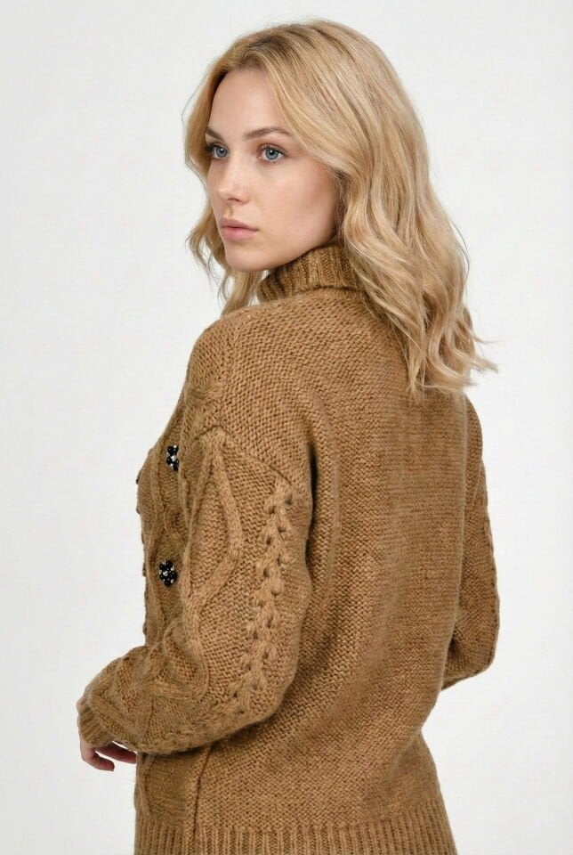 Miss Poem Balıkçı Yaka Taş Detaylı Kazak  - Vizon