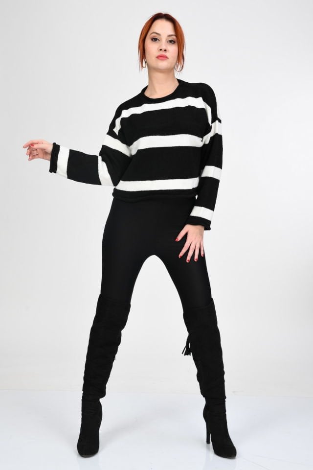 Miss Poem Bisiklet Yaka Çizgili Kazak  - Siyah