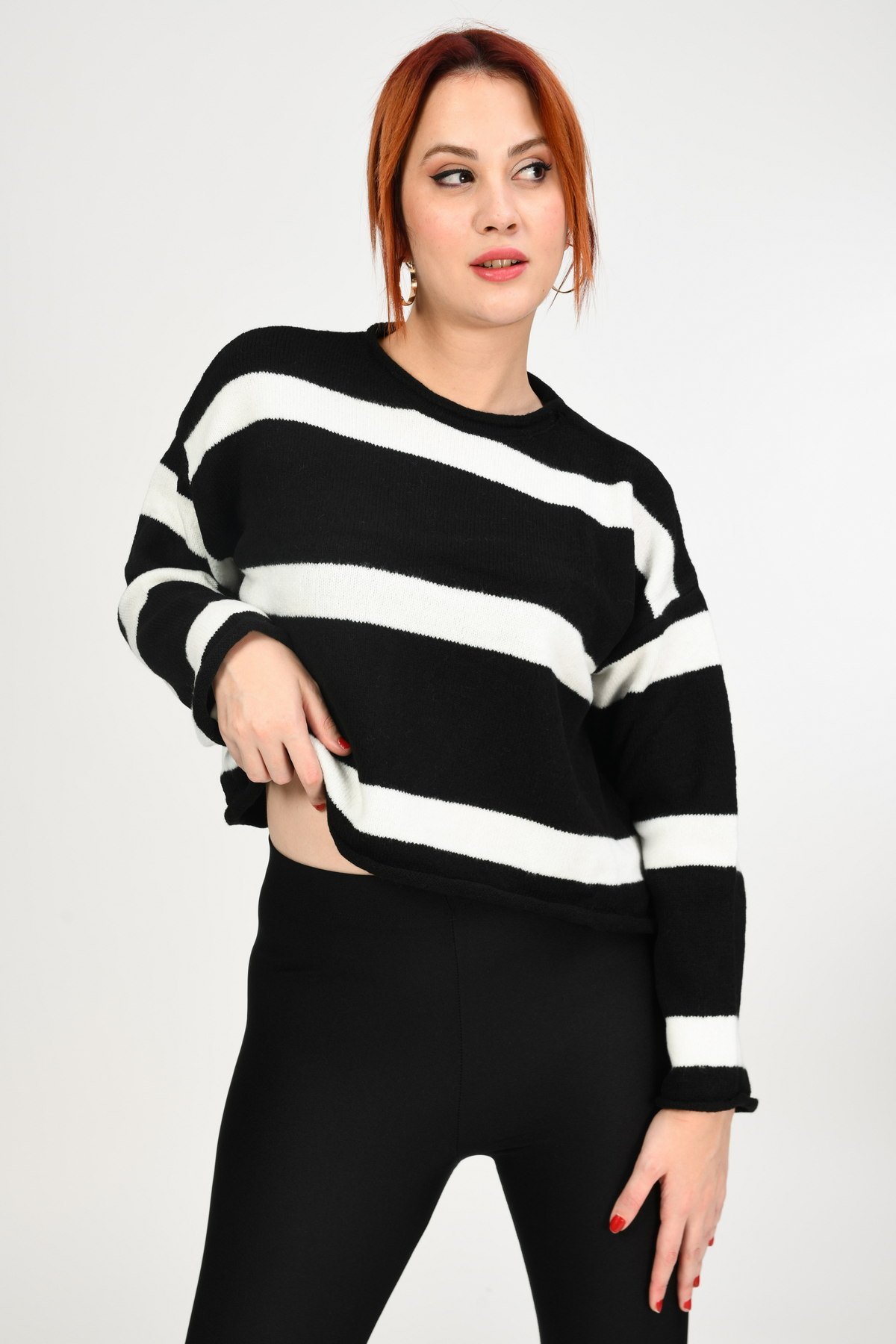 Miss Poem Bisiklet Yaka Çizgili Kazak  - Siyah