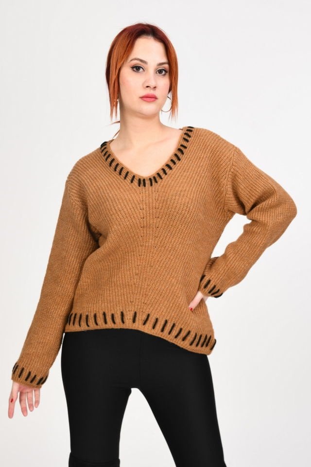 Miss Poem El İşleme Örgü Detaylı Kazak  - Camel