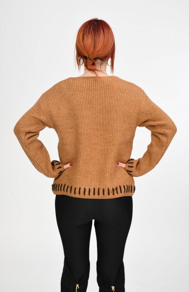 Miss Poem El İşleme Örgü Detaylı Kazak  - Camel