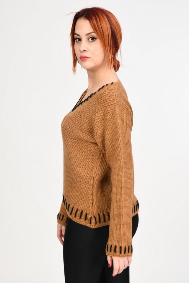 Miss Poem El İşleme Örgü Detaylı Kazak  - Camel