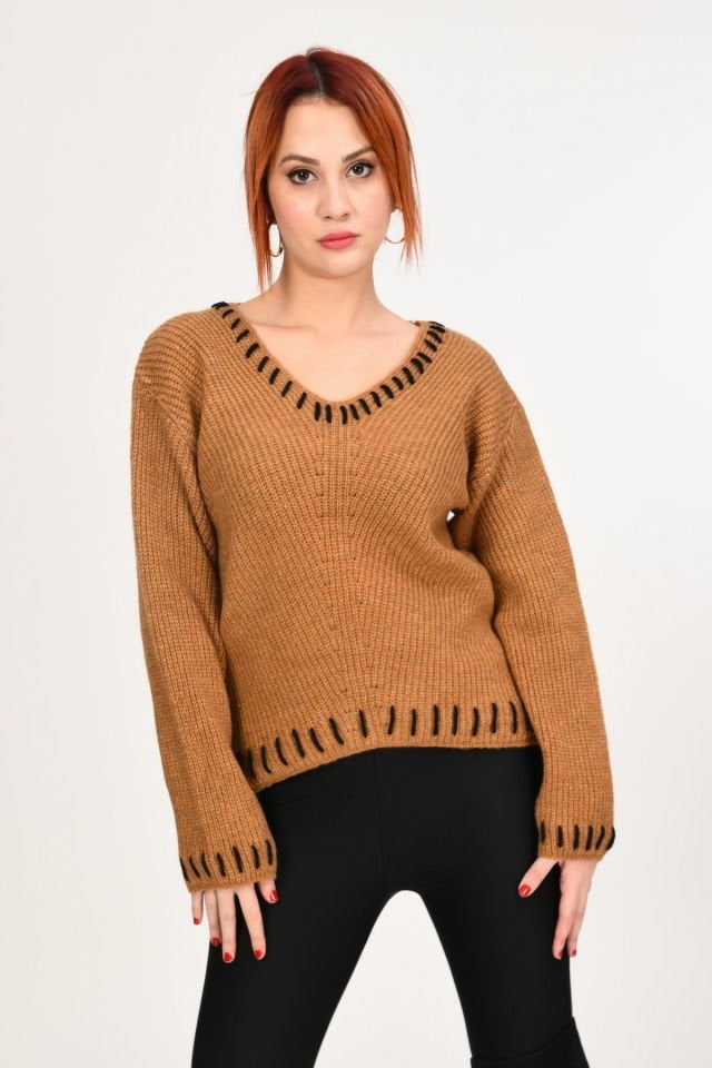 Miss Poem El İşleme Örgü Detaylı Kazak  - Camel