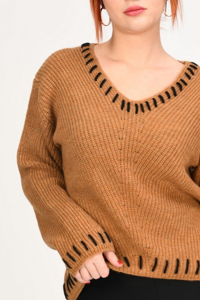 Miss Poem El İşleme Örgü Detaylı Kazak  - Camel