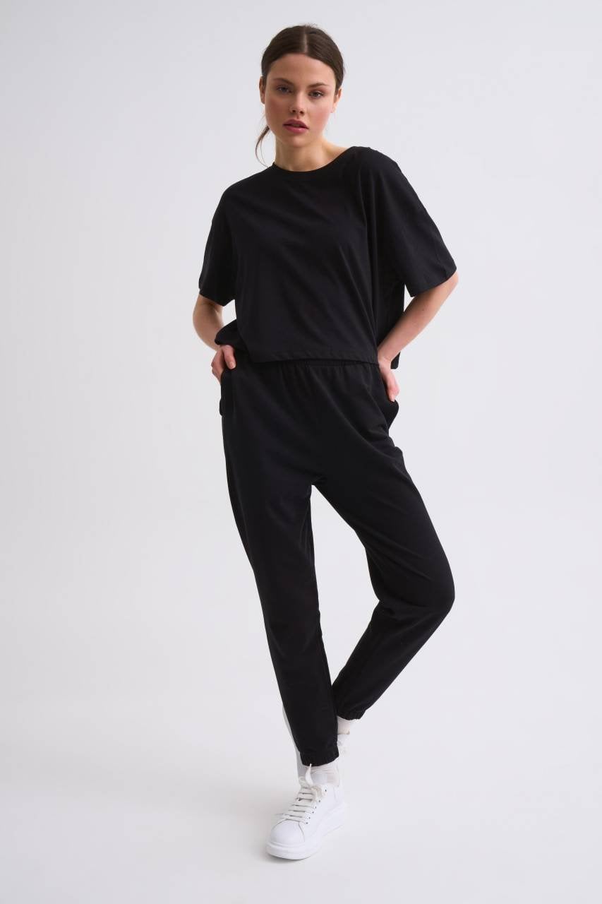 Organik Regular Fit Kısa Kollu Kadın Crop Tişört - Siyah