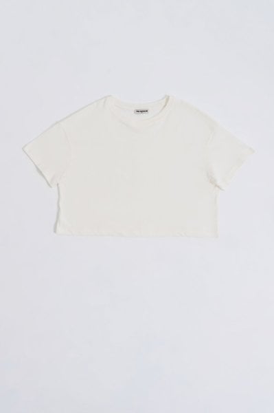 Organik Regular Fit Kısa Kollu Kadın Crop Tişört - Ekru