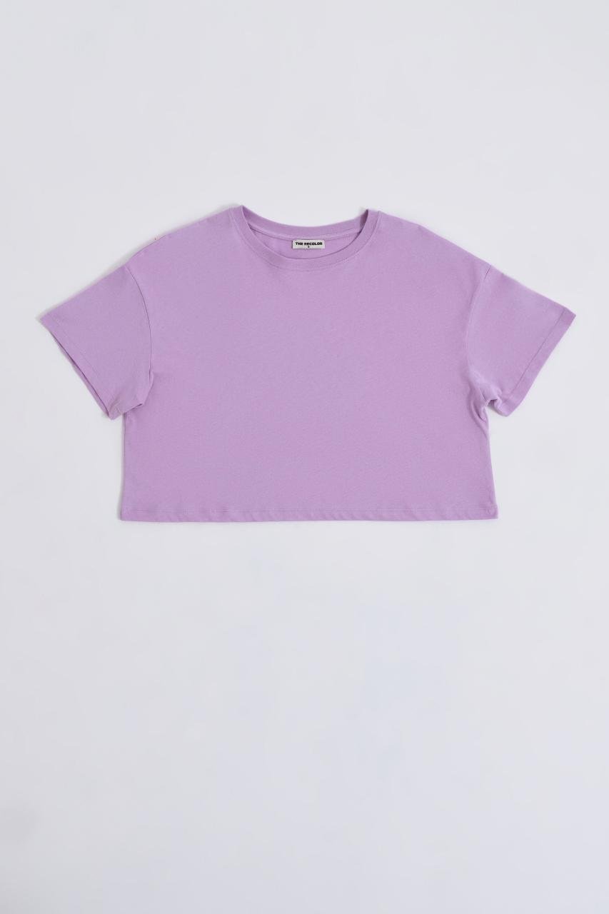 Organik Regular Fit Kısa Kollu Kadın Crop Tişört - Lila