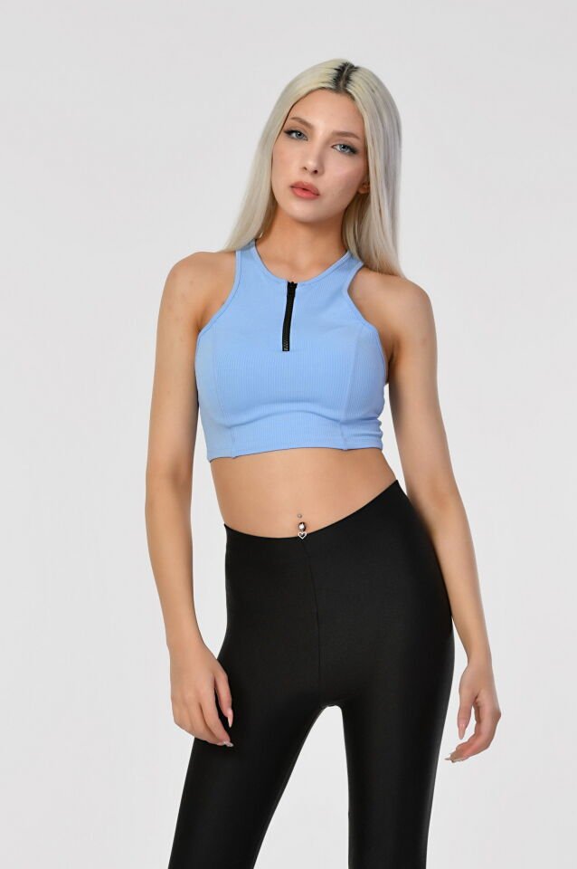 Fermuarlı Crop Bluz  - Mavi