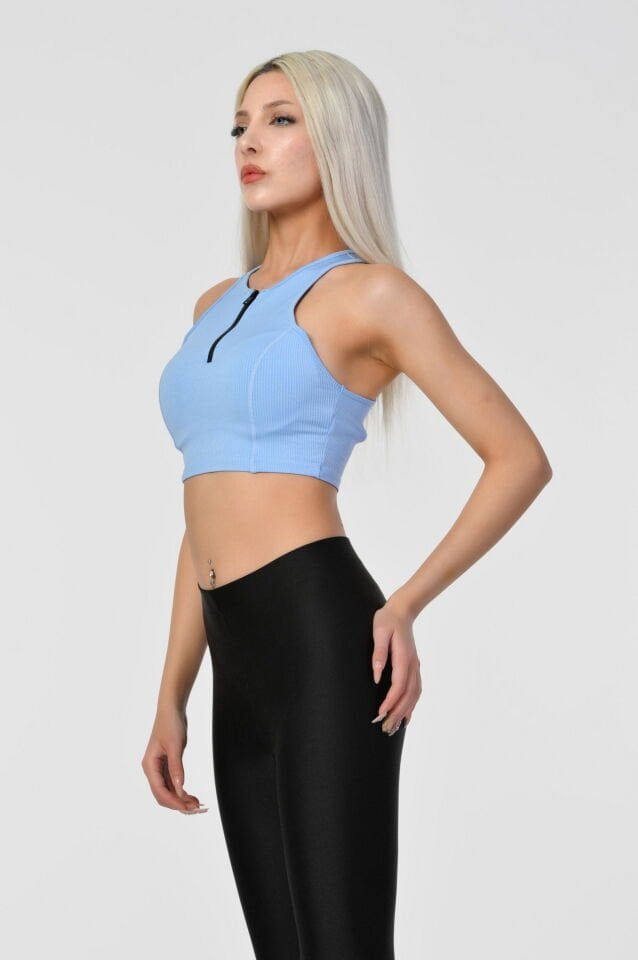 Fermuarlı Crop Bluz  - Mavi