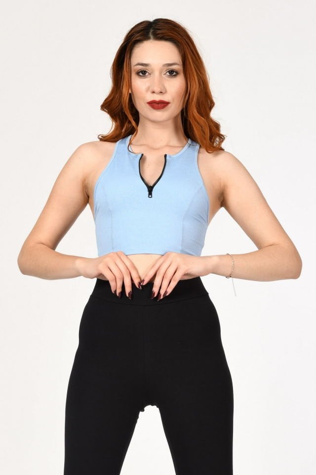 Fermuarlı Crop Bluz  - Mavi