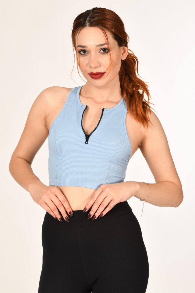 Fermuarlı Crop Bluz  - Mavi