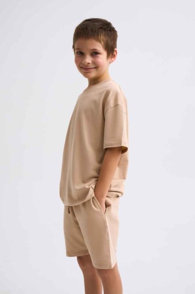 Organik Kısa Kollu Yuvarlak Yaka Erkek Çocuk Tişört - Bej