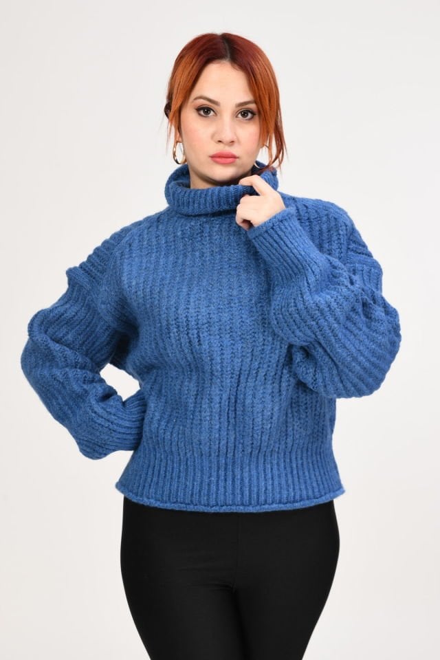 Quzu Örgü Detaylı Kalın Boğazlı Kazak  - Mavi