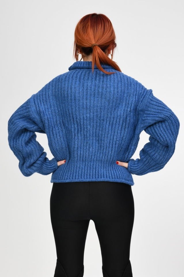Quzu Örgü Detaylı Kalın Boğazlı Kazak  - Mavi