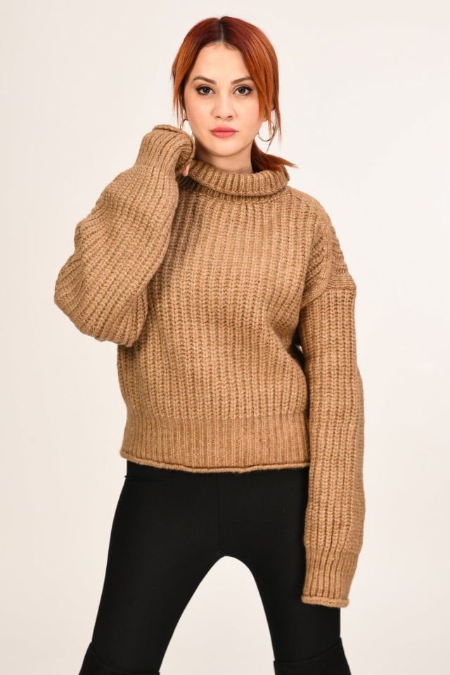 Quzu Örgü Detaylı Kalın Boğazlı Kazak  - Vizon