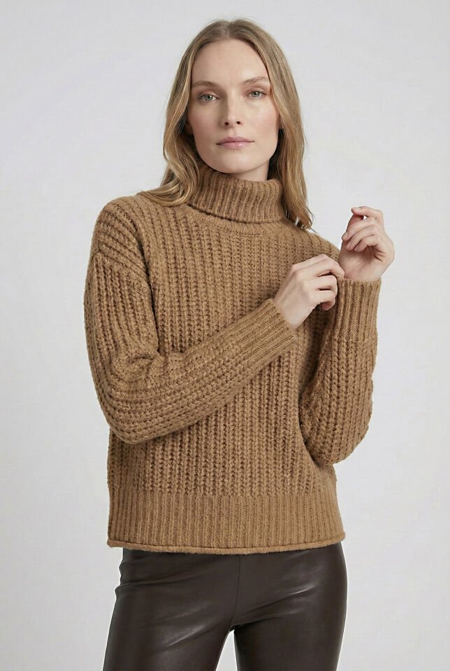 Quzu Örgü Detaylı Kalın Boğazlı Kazak  - Vizon