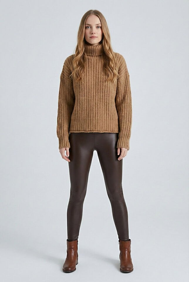 Quzu Örgü Detaylı Kalın Boğazlı Kazak  - Vizon