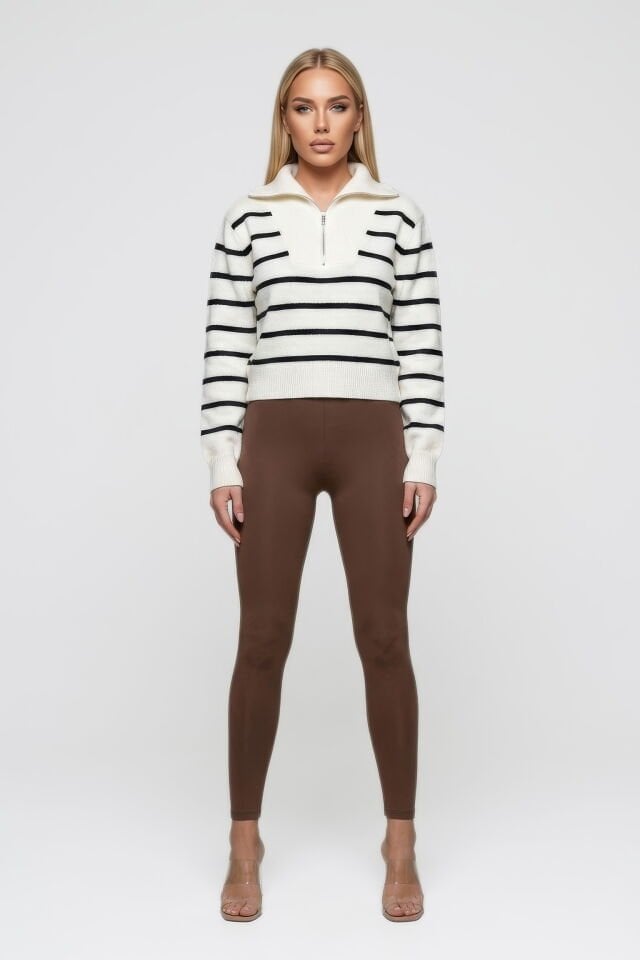 Quzu Yakası Fermuarlı Çizgili Triko Kazak  - Beyaz