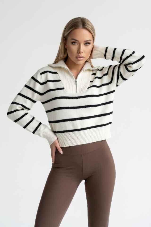 Quzu Yakası Fermuarlı Çizgili Triko Kazak  - Beyaz