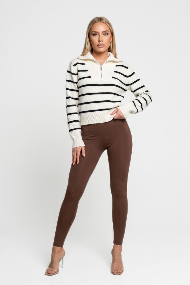 Quzu Yakası Fermuarlı Çizgili Triko Kazak  - Beyaz