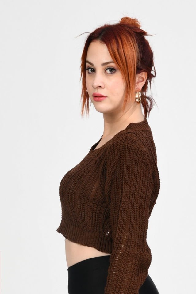 Quzu Vatkalı V Yaka Crop Triko  - Kahverengi
