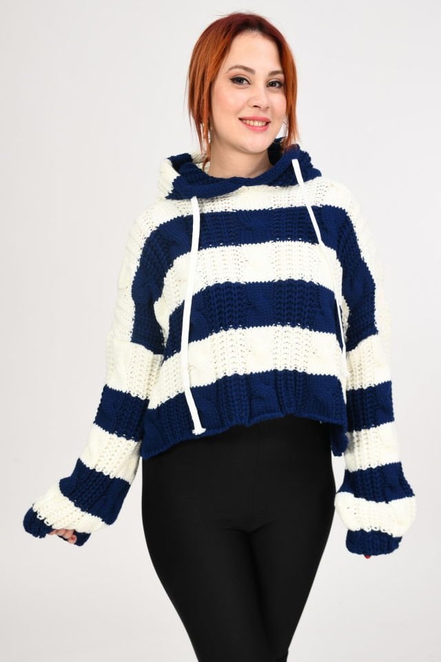 Quzu Kapüşonlu Örgü Crop Triko Kazak  - Lacivert